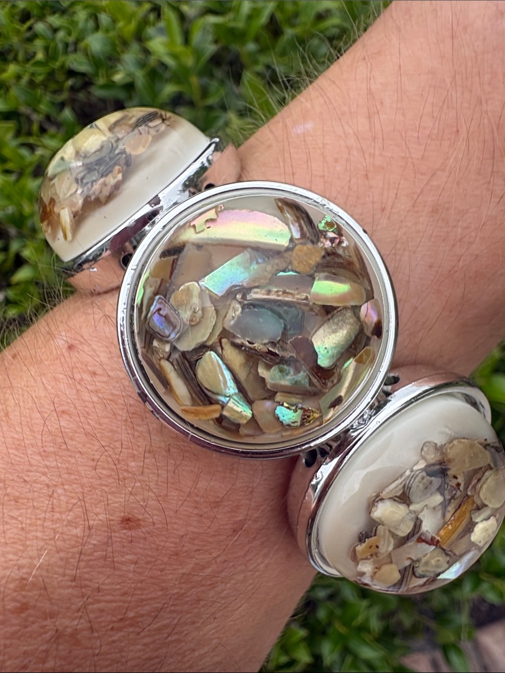 Abalone Mother of Pearl Shell Mosaic Stretch Statement Bracelet Silver Tone